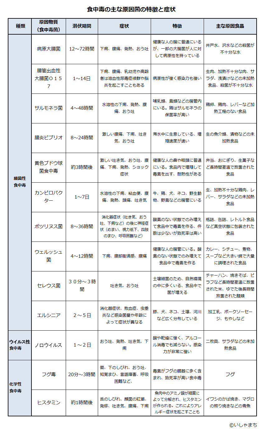 食中毒の主な原因の特徴とその症状