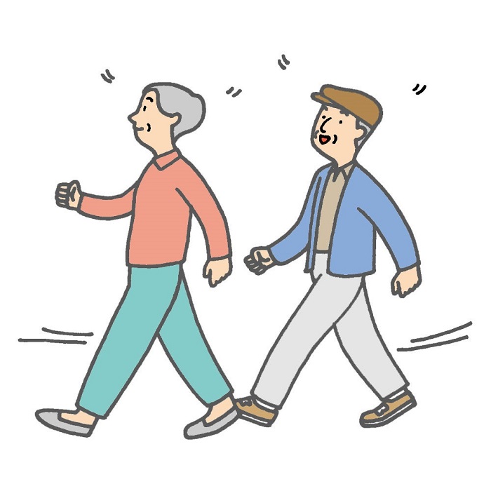 背筋を伸ばして元気に歩いている高齢者２人のイラスト
