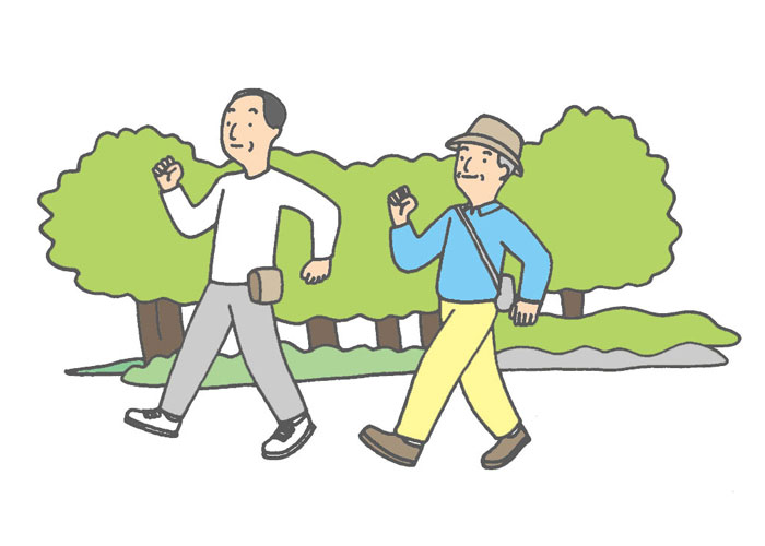 緑の多いところを歩く高齢者２人のイラスト