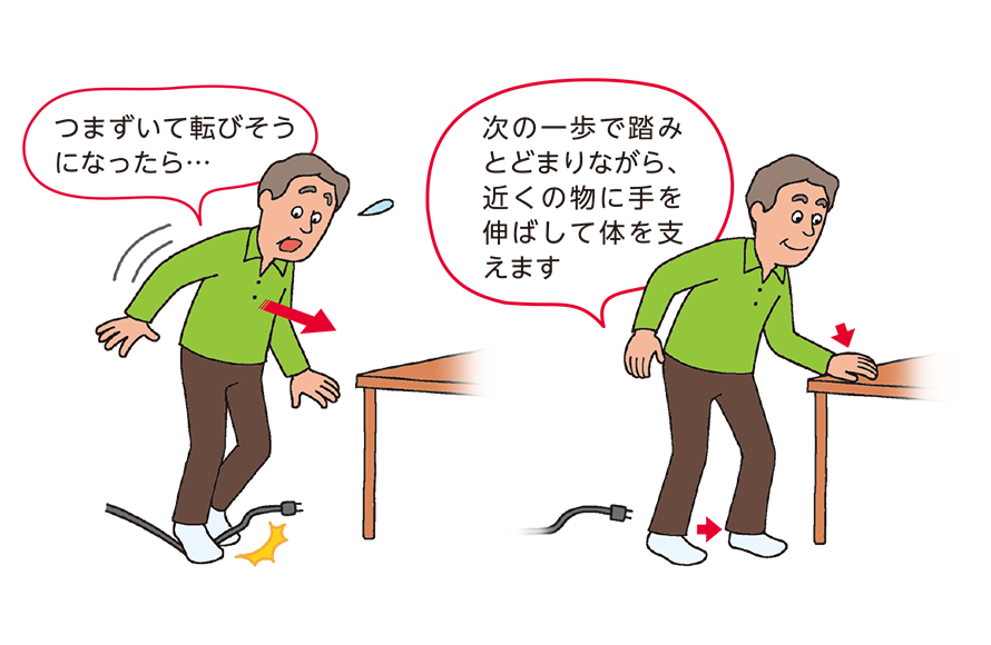 つまずいて転びそうになったら・・・ 次の一歩で踏みとどまりながら、近くの物に手を伸ばして体を支えます