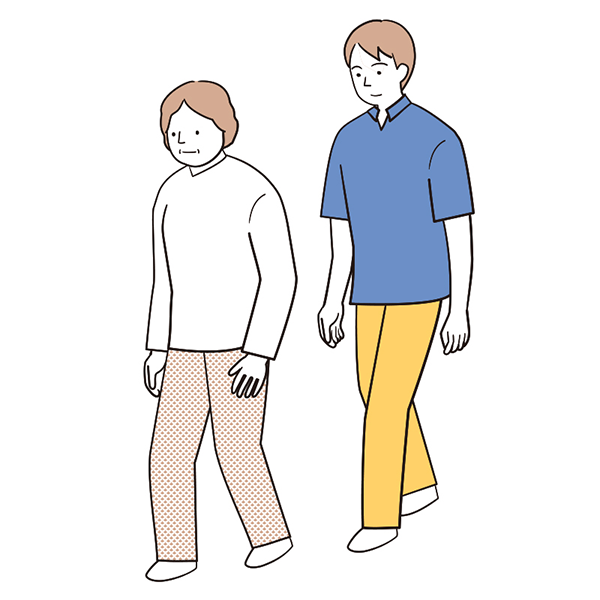 要介護者の斜め後方に介助者が立っているイラスト