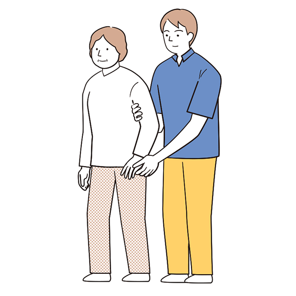 介助者が要介護者の利き手とは逆の側（麻痺がある場合は麻痺側）の斜め後方に立っているイラスト