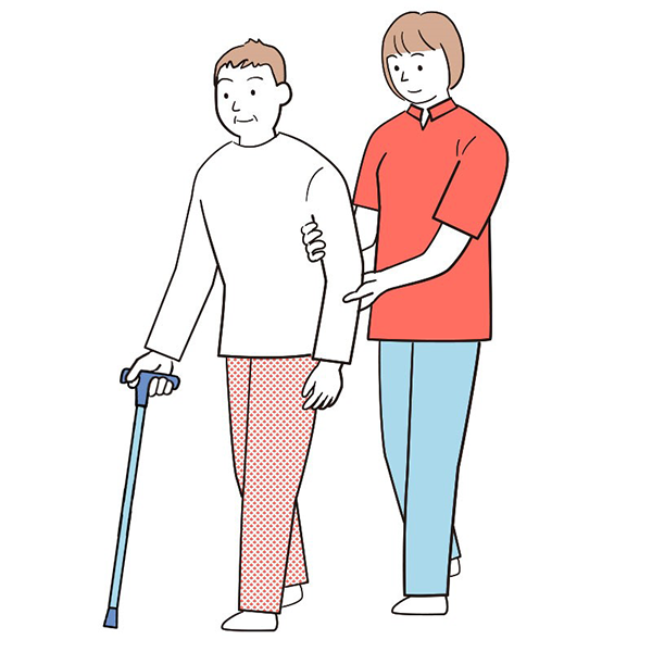 要介護者が踏み出した足と同じ側の足をあわせて踏み出している介助者のイラスト