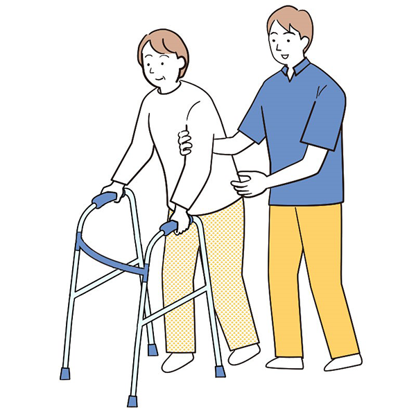 歩行器を使用している要介護者の斜め後方に立ち介助しているイラスト
