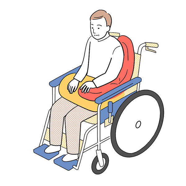 車いすでの姿勢をクッションやタオルで調整している要介護者のイラスト