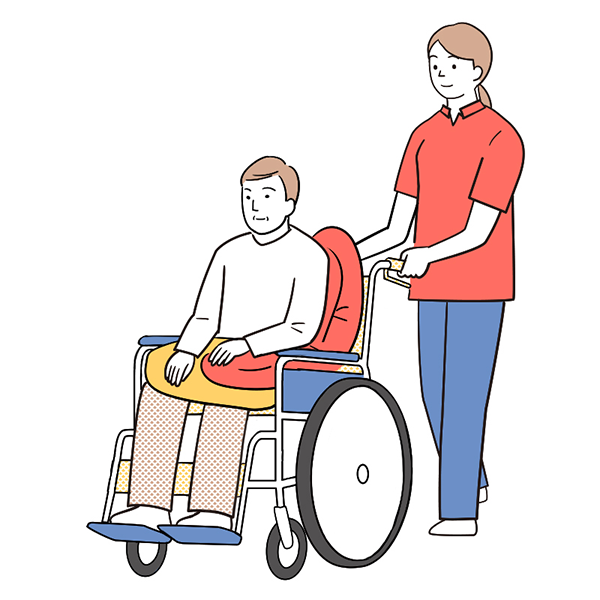 要介護者が乗っている車いすを介助者が後ろに立ちゆっくり押して進んでいるイラスト