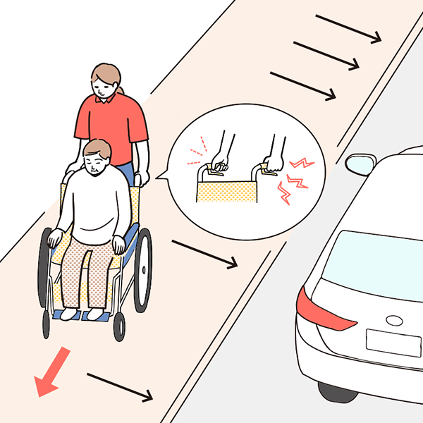 傾斜地での車いすの利用方法を説明したイラスト