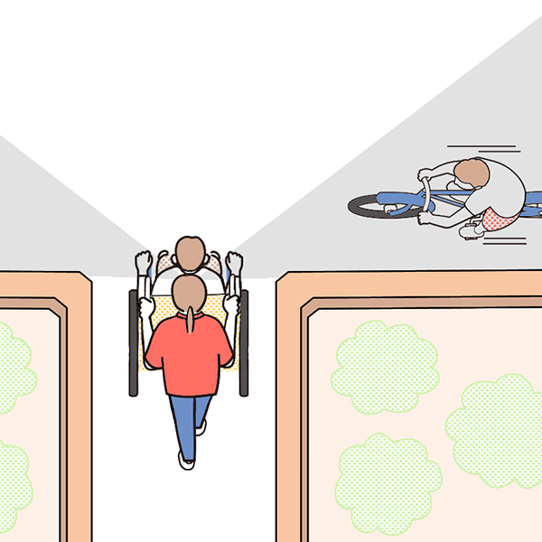 車いすを押す介助者には死角があることを説明したイラスト
