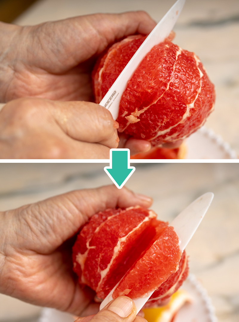 グレープフルーツの果肉をⅤ字に切る